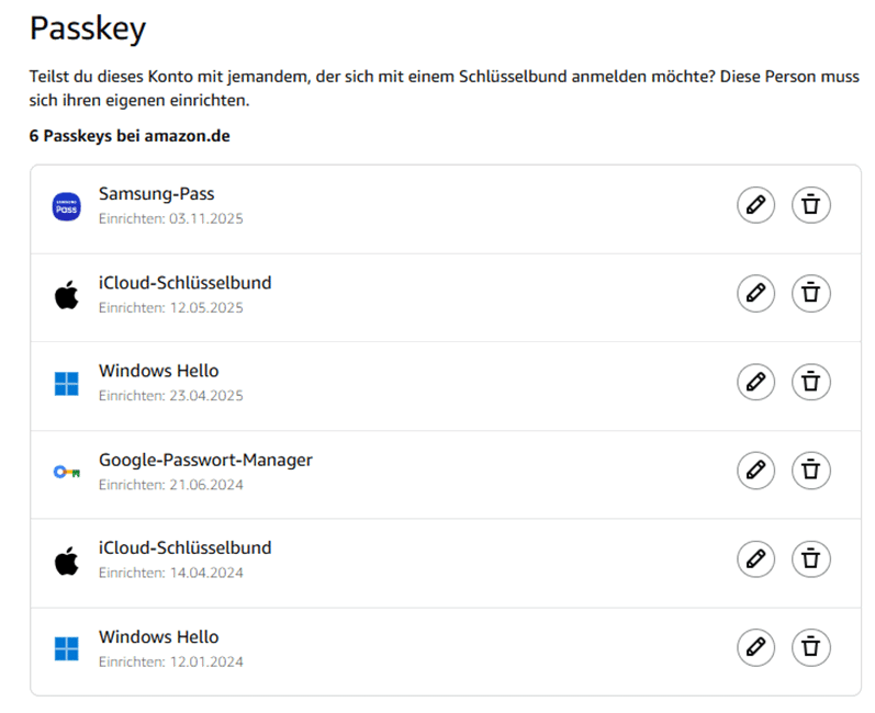 Liste der Passkeys und deren Einrichtungstermine