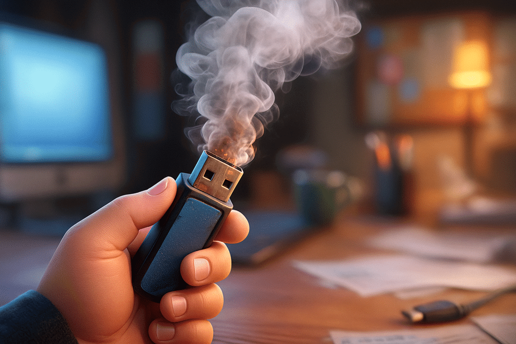 Rauchender USB-Stick in einer Knopfdruck in Rauch aufgeht - und alle Daten löscht. Es gibt Einsatzzwecke dafür.