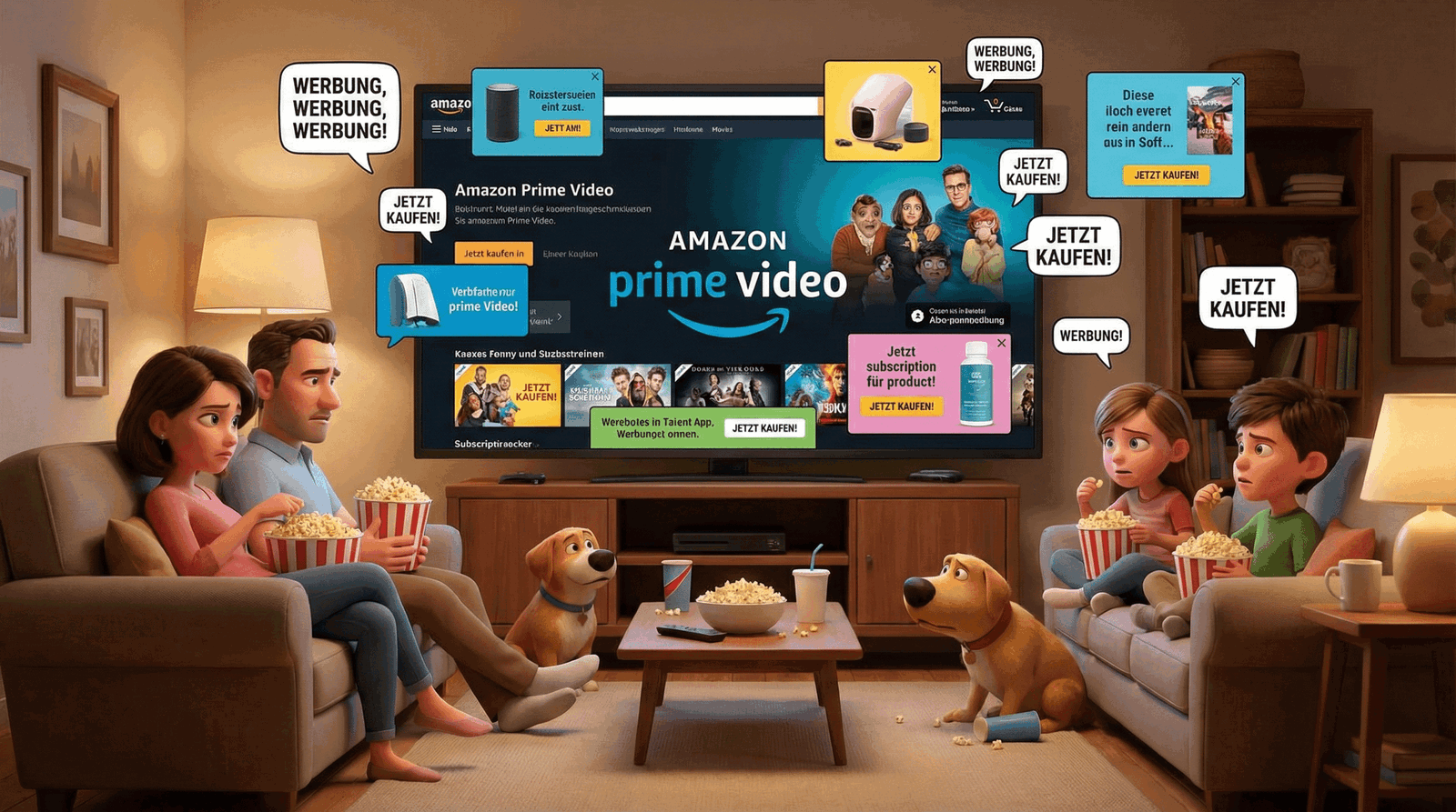 Familie schaut Amazon Prime Video im Wohnzimmer.