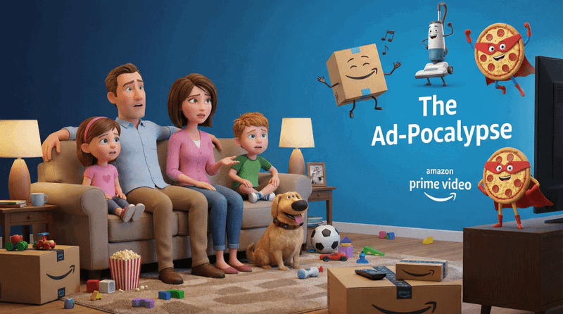 Familie sieht animierten Film im Wohnzimmer.