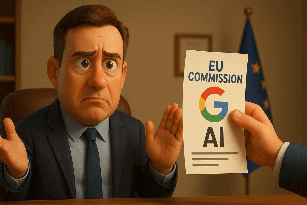 Besorgter Mann sieht ein Dokument über KI.