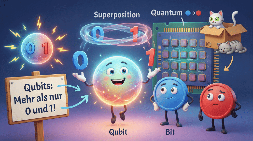 Qubits erklären das Konzept der Quantencomputer.