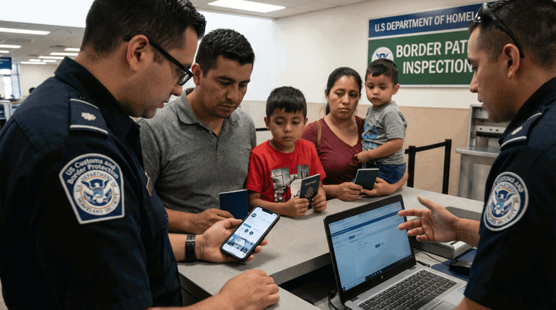 Familie am Grenzkontrollschalter mit Beamten.
