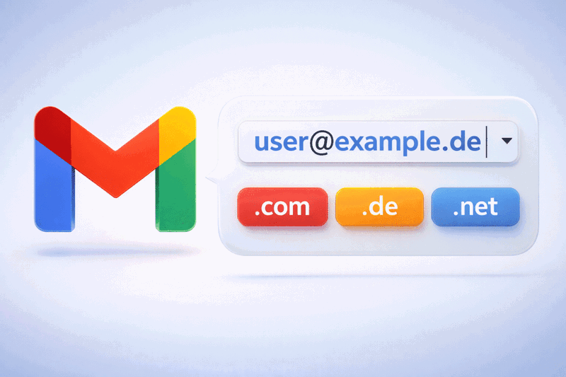 Gmail-Logo mit E-Mail-Adresse und Domain-Endungen