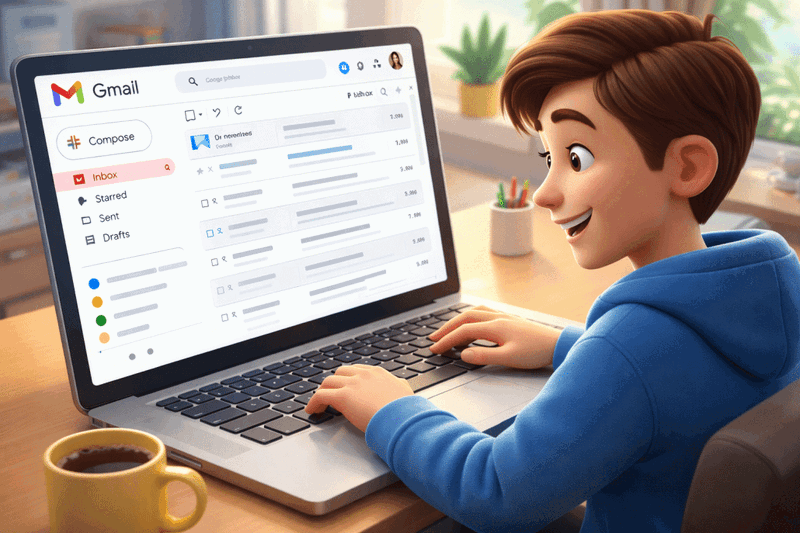 Junger Mensch nutzt Gmail auf einem Laptop.