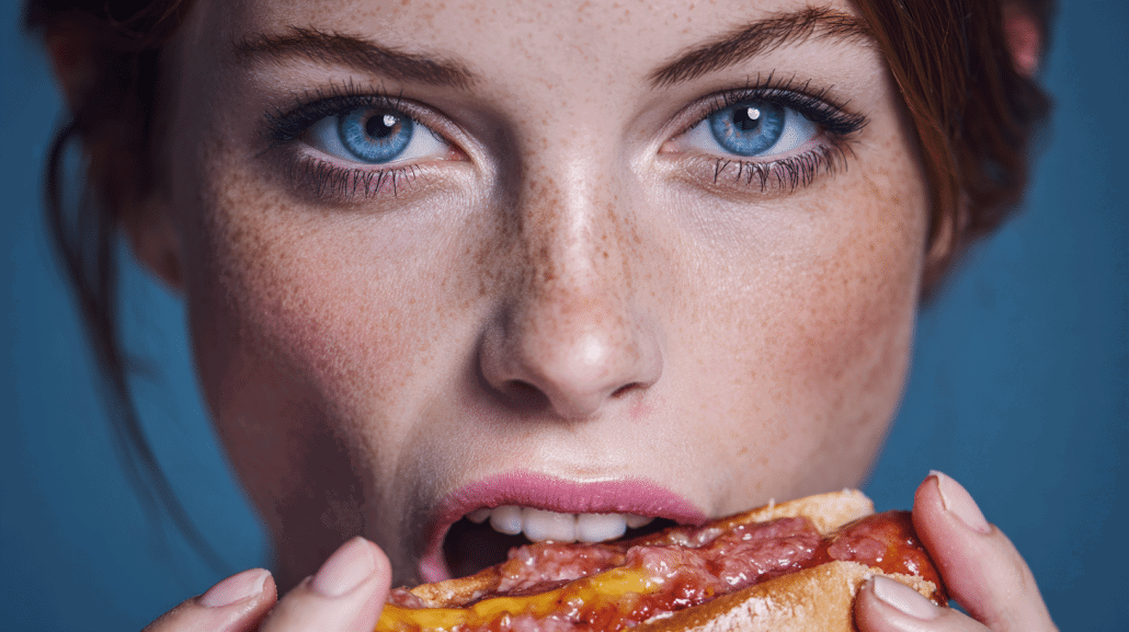 Frau mit blaue Augen isst ein Sandwich.