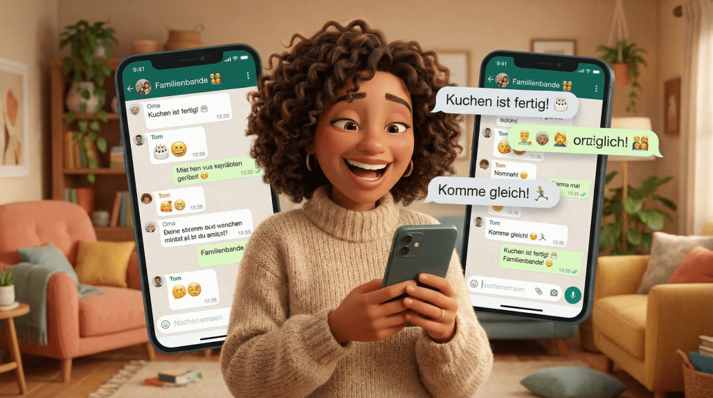 Junge Frau lächelt beim Chatten über Kuchen. WhatsApp Gruppen Chats bekommen neue Funktonen wie Sticker