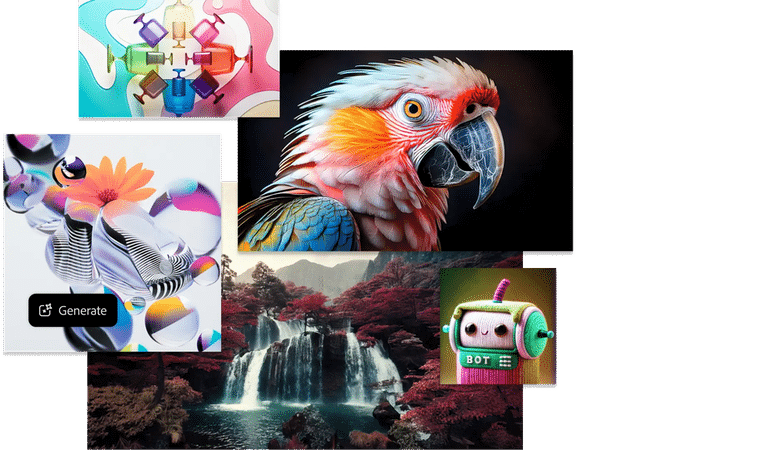 Kunstwerke mit Vogel, Wasserfall und grafischen Mustern.