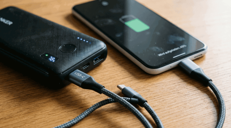 Powerbank und Smartphone mit Ladegerät verbunden