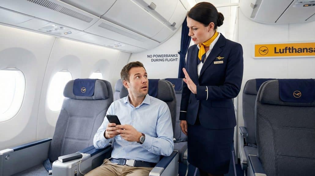 Flughafen Mitarbeiter erklärt Sicherheitsregeln im Flugzeug.