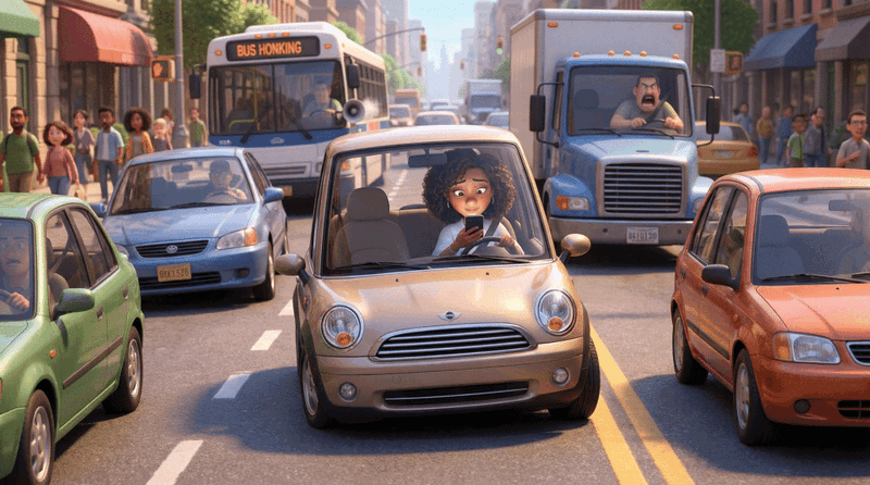 Frau fährt im Auto durch den Stadtverkehr.