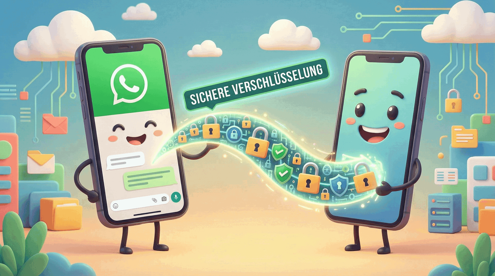 Zwei Smartphones mit sicherer Verschlüsselung über WhatsApp.