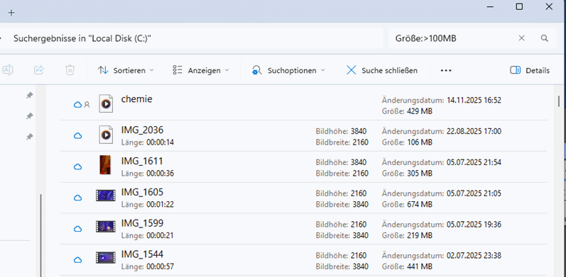 Dateisuchergebnisse auf lokaler Festplatte