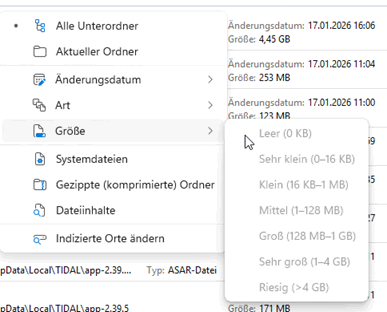 Liste von Dateigrößen in einem Menü.