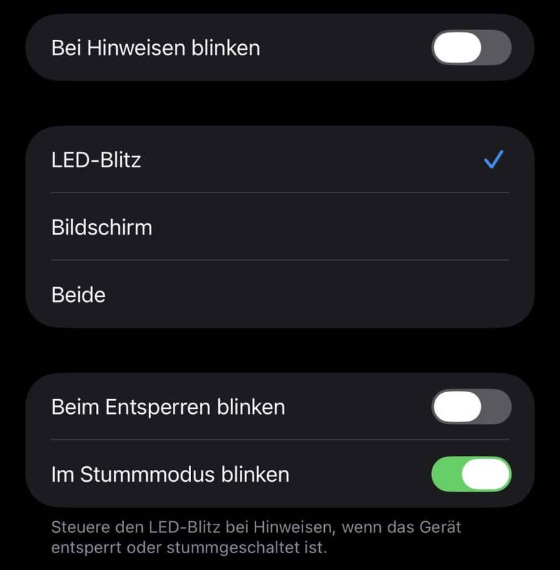 Einstellungen für LED-Blitz und Bildschirmbenachrichtigungen