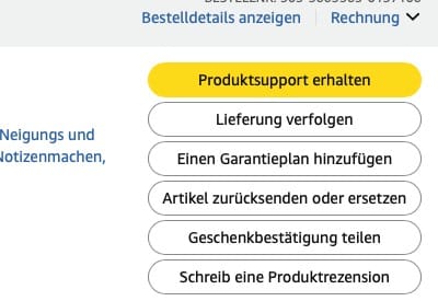 Optionen für Produktsupport und Bestellverlauf