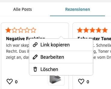Bewertungen mit Optionen zum Bearbeiten und Löschen