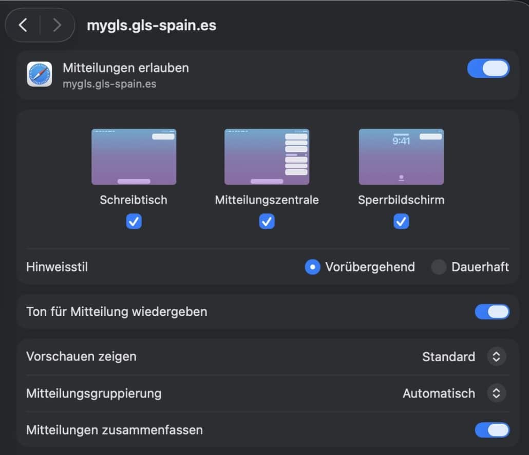 Einstellungen für Mitteilungen auf mygls Webseite
