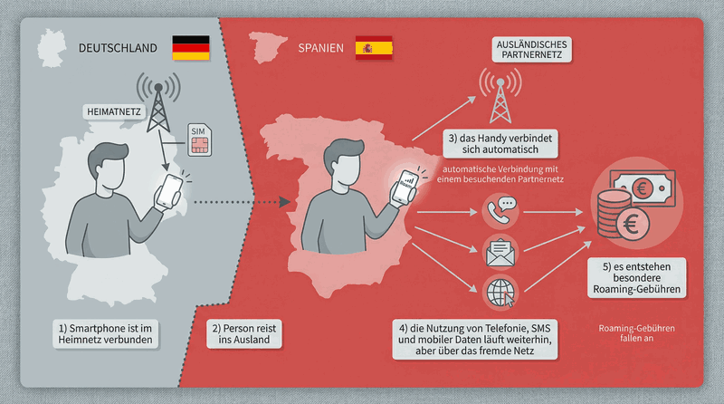 Roaming-Prozess zwischen Deutschland und Spanien erklärt.