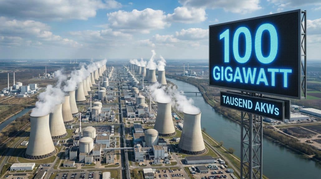 Luftaufnahme von einem Atomkraftwerk mit Gigawatt-Anzeige.