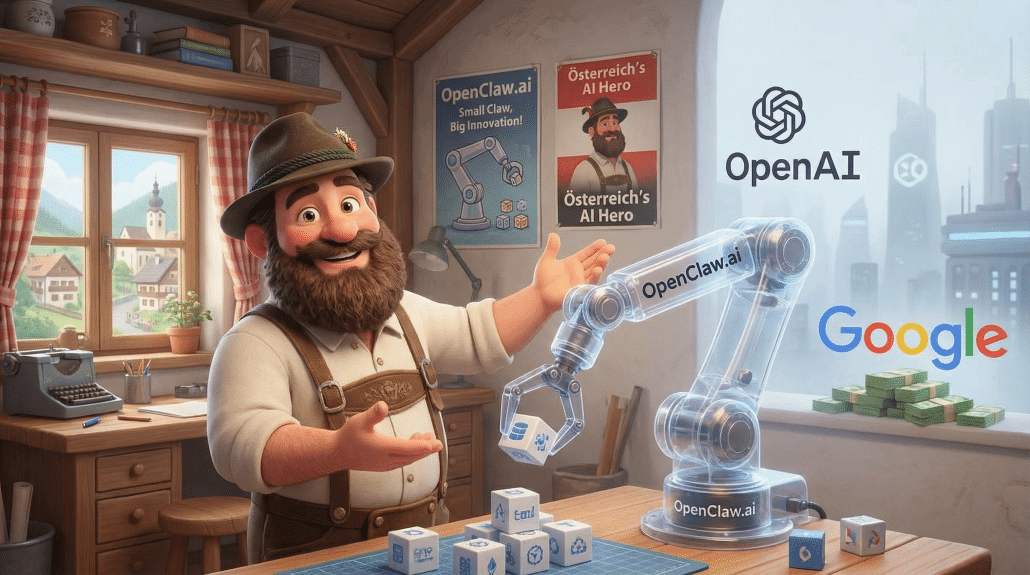 Männlicher Charakter mit Roboterarm und Technologie-Elementen