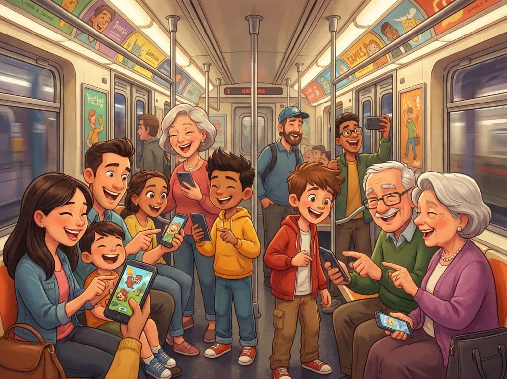 Fröhliche Menschen nutzen Handys in der U-Bahn.