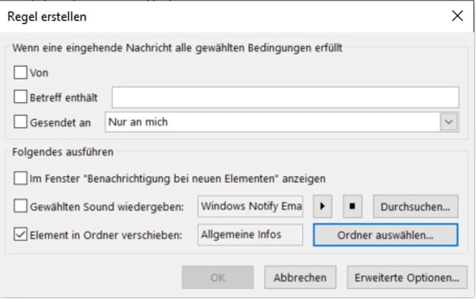 Einstellungen für eine Regel in E-Mail-Programm