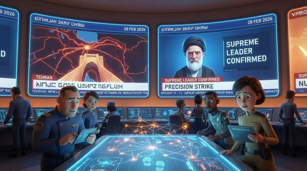 Besprechung im Kontrollraum mit aktuellen Nachrichten